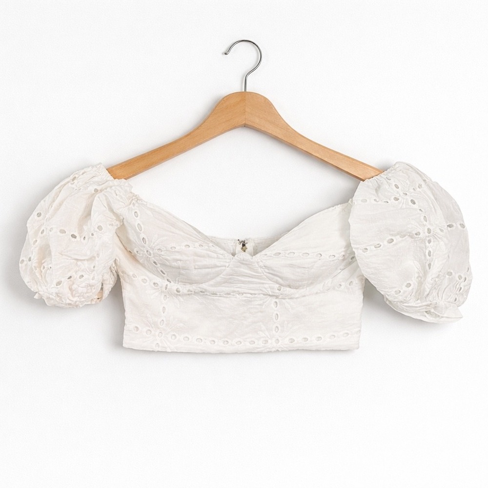 SABO LUXE Eyelet Crop Top Womens M White Puff‎ Sleeve Boho Cottagecore Romantic